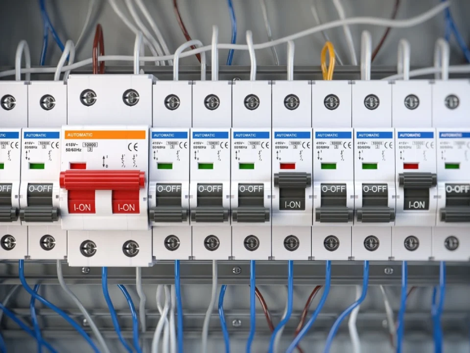 Circuit breakers in electrical panel with ON/OFF switches.