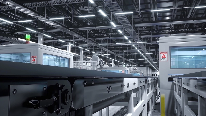A 3D illustration of a high-tech automated production line with heavy machinery units, demonstrating the photoelectric sensor working principle.