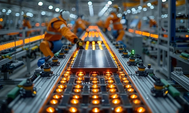 A high-tech solar panel assembly line with glowing orange indicator lights, where capacitive proximity sensors are used to detect non-metallic silicon wafers and glass components for precise placement.