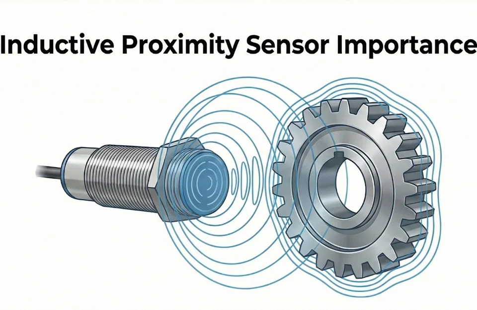 An inductive proximity sensor detecting a metal gear through electromagnetic field induction.
