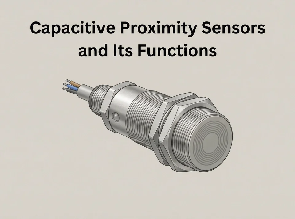 A capacitive proximity sensor diagram showing its ability to detect non-metal and liquid objects.
