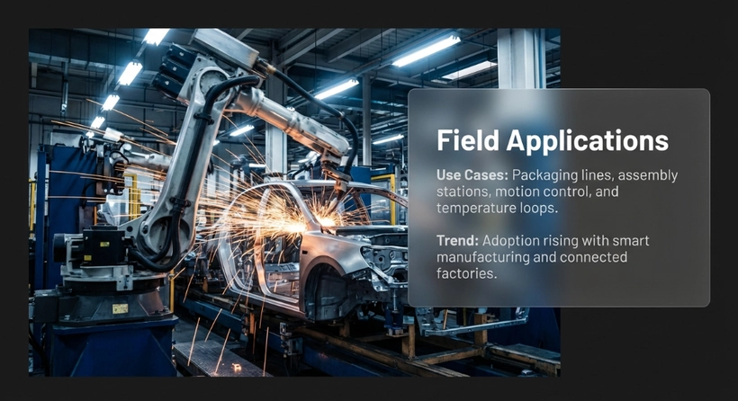 A robotic welding line powered by a stable PLC power supply for smart manufacturing field applications.