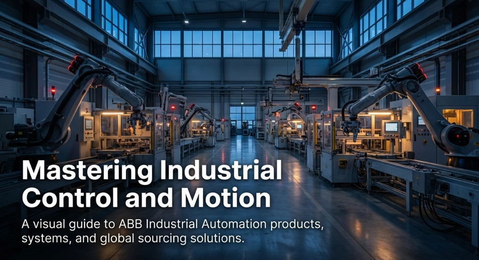 A factory floor visual guide to ABB industrial automation products and motion systems.