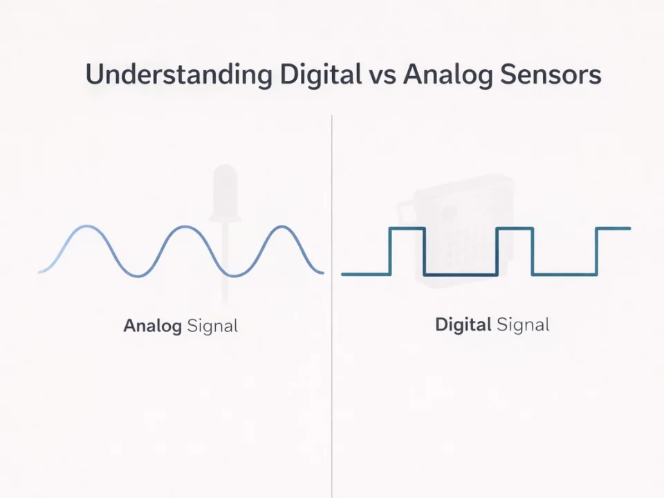 A technical comparison diagram of digital vs analog sensors, showing a continuous sine wave for analog signals and a discrete square wave for digital signals.