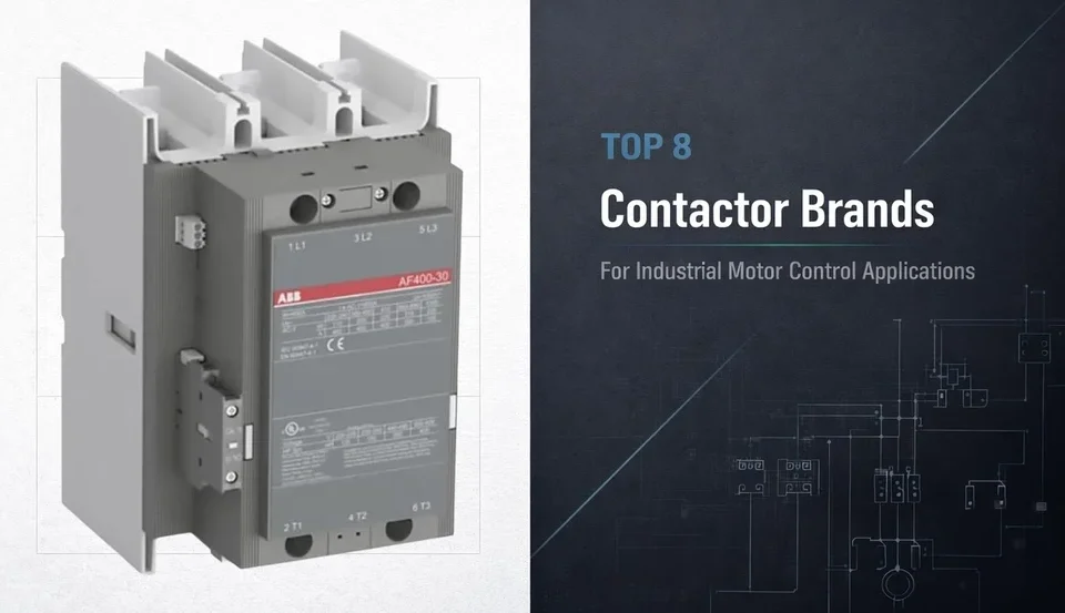 A professional technical cover highlighting top contactor brands for industrial motor control, featuring a high-capacity AC contactor against a blueprint circuit background.