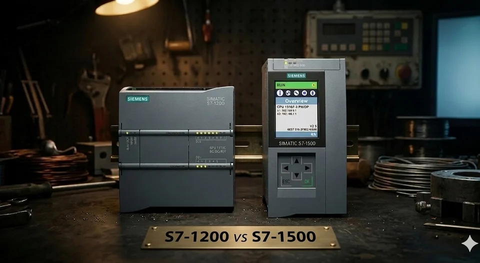 Comparison of Siemens SIMATIC S7-1200 and S7-1500 PLC modules on DIN rail
