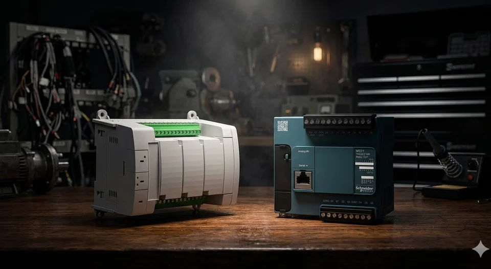 Comparison of Schneider style modular PLC and compact M221 PLC controllers.
