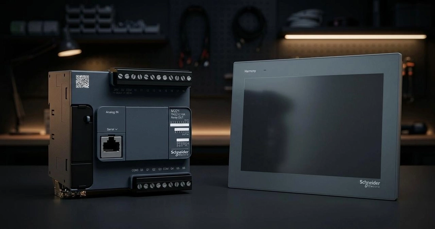 Comparison of Schneider Modicon M221 PLC and Harmony HMI touch screen panel.