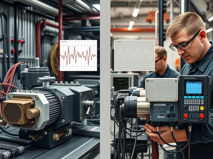 Comparison of current response and control waveforms between analog and digital servos on oscilloscope.