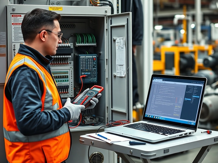 Automation engineer performing PLC diagnostics and cabinet maintenance using a multimeter and laptop