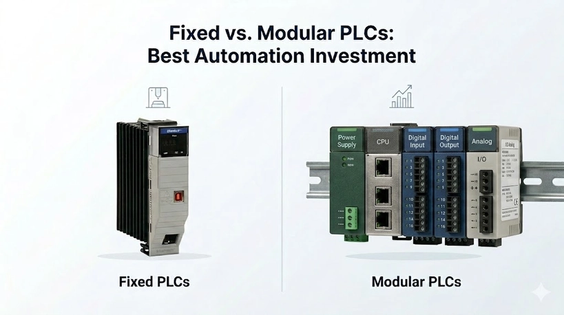 Exploded view of modular PLC components including CPU and I/O.