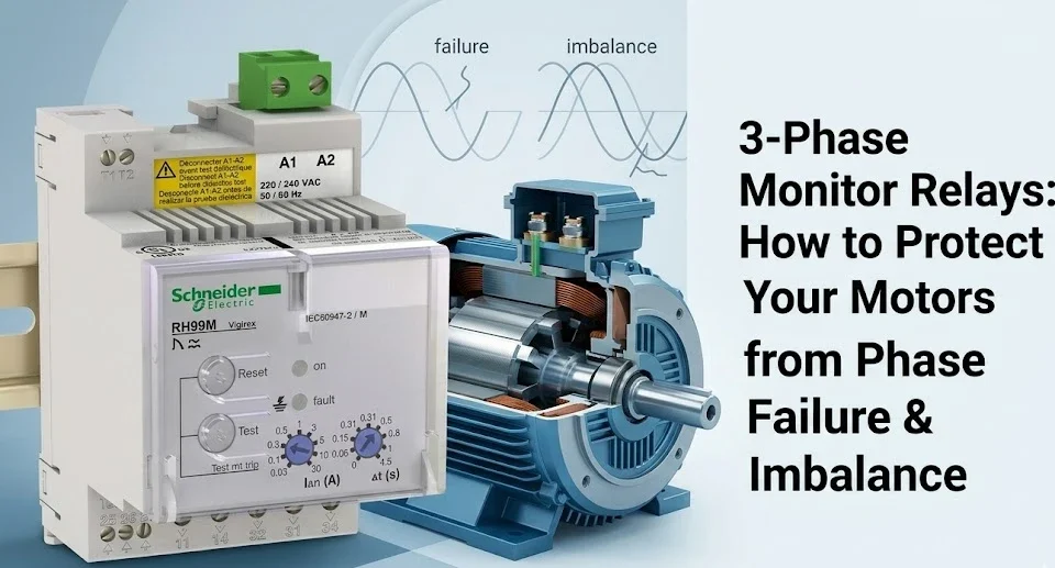 Schneider Electric 3-phase monitor relay for motor phase failure protection.