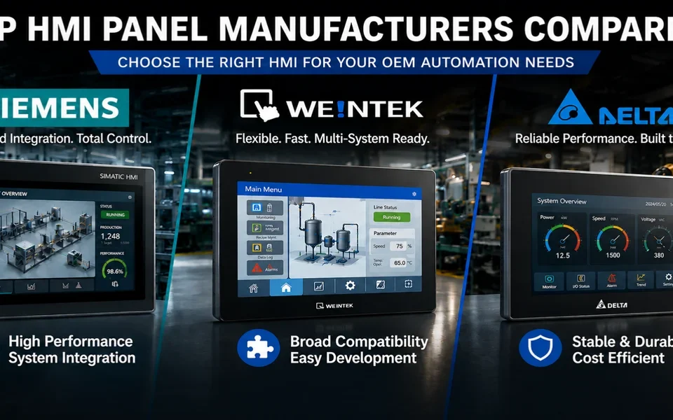 A comparison of top HMI panel manufacturers including Siemens, Weintek, and Delta, highlighting advanced integration, broad compatibility