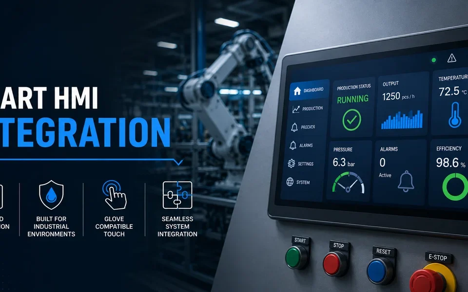 Advanced HMI touch panel designed for industrial environments, featuring glove-compatible touch and seamless integration with automation systems.