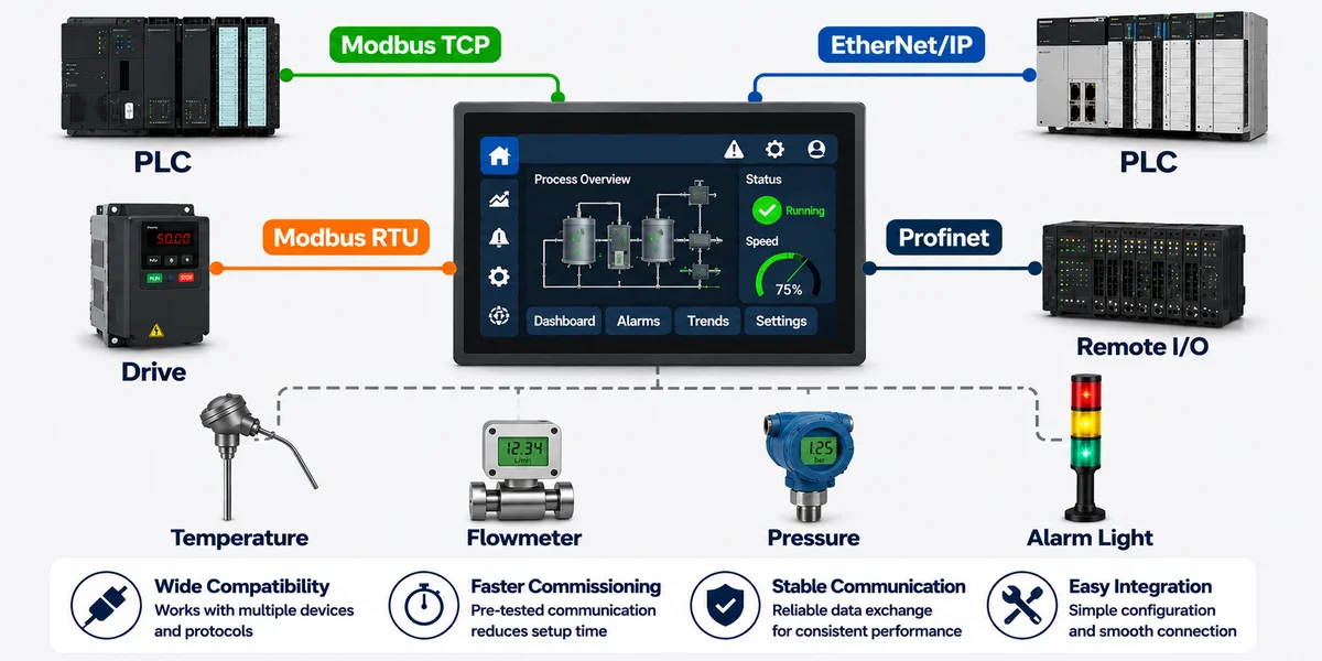 Modbus 및 Profinet과 같은 다양한 통신 프로토콜을 지원하여 안정적이고 빠른 PLC 데이터 교환을 가능하게 하는 산업용 HMI 터치 패널입니다.