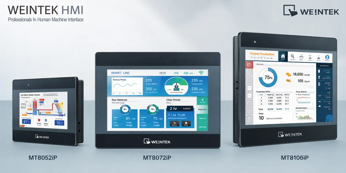 Weintek HMI panels designed for flexible OEM integration, featuring fast configuration and broad compatibility across multiple PLC brands.