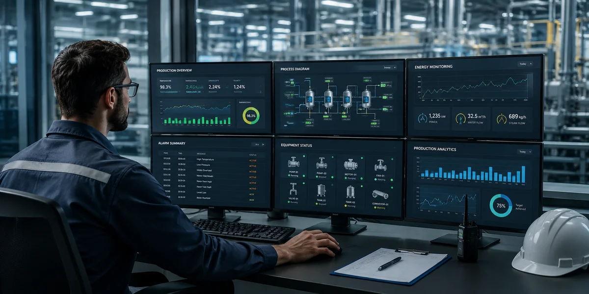 An operator utilizing an integrated HMI software ecosystem for real-time production monitoring, automated alarms, and efficient system control.