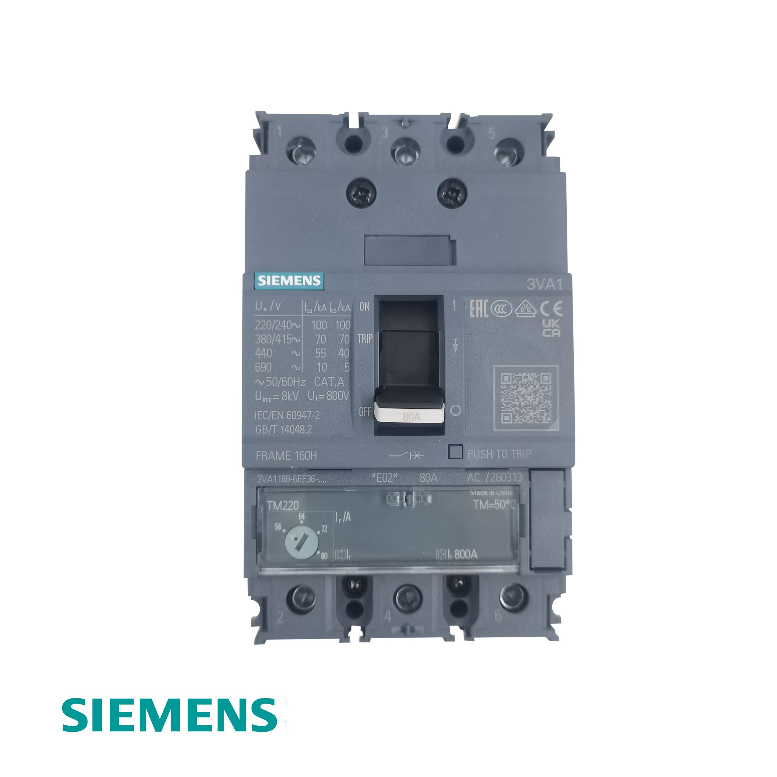 Siemens 3VA1180‑6EE36‑0AA0 SENTRON Molded Case Circuit Breaker – 80A, 3‑Pole, 70kA @ 415V