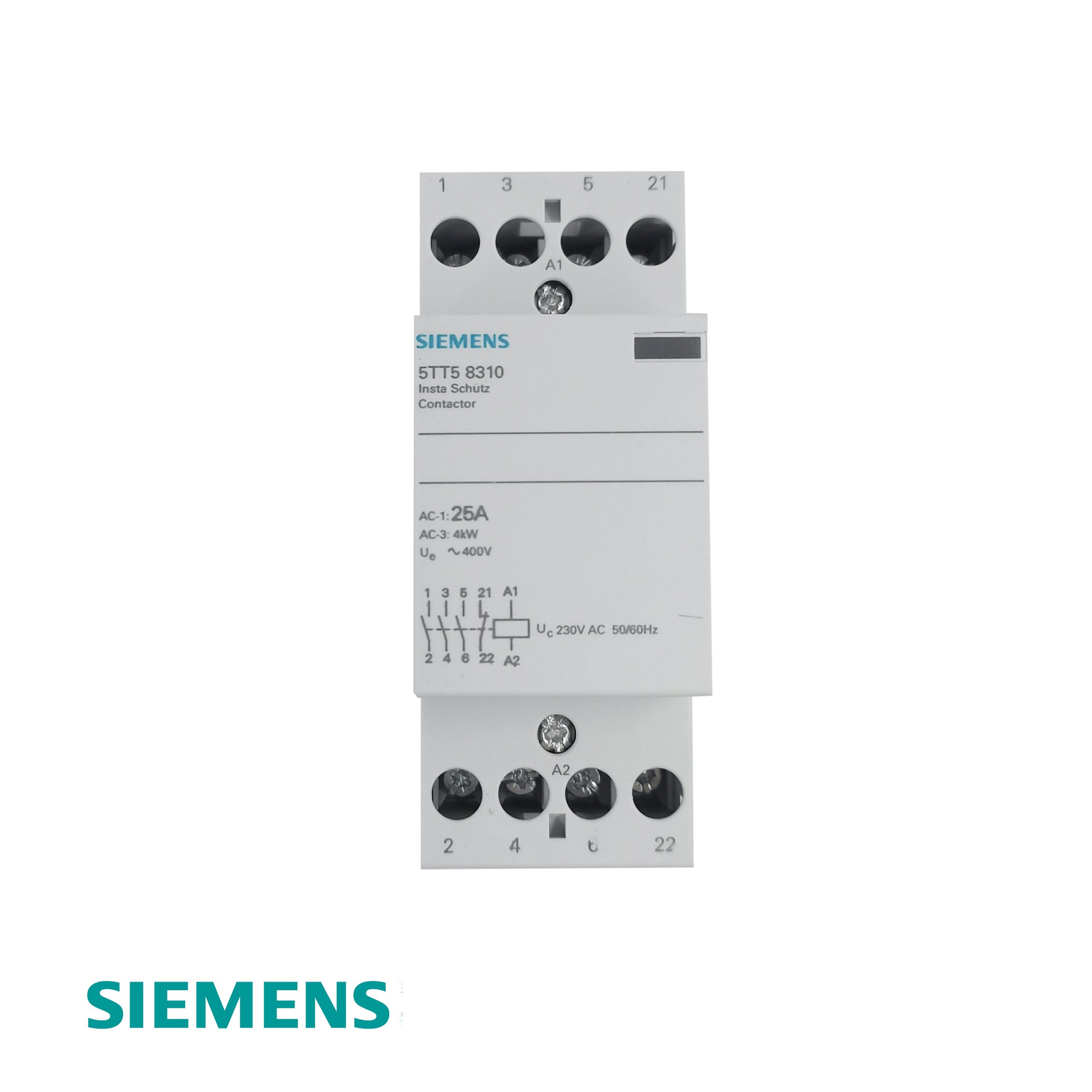Монтажный контактор Siemens 5TT5831‑0 SENTRON – 25 А, 4-полюсный, 3 нормально разомкнутых + 1 нормально замкнутый, катушка 230 В переменного тока.
