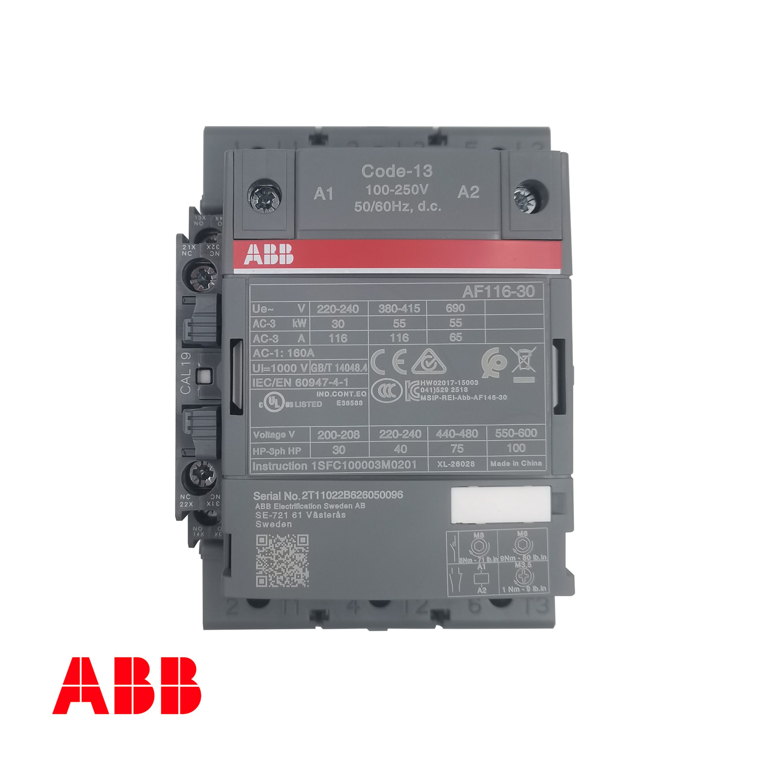 ABB AF116‑30‑11‑13 AF Series Contactor – 116A (AC‑3), 3‑Pole, 55kW @ 400V, 100‑250V AC/DC Wide‑Range Coil