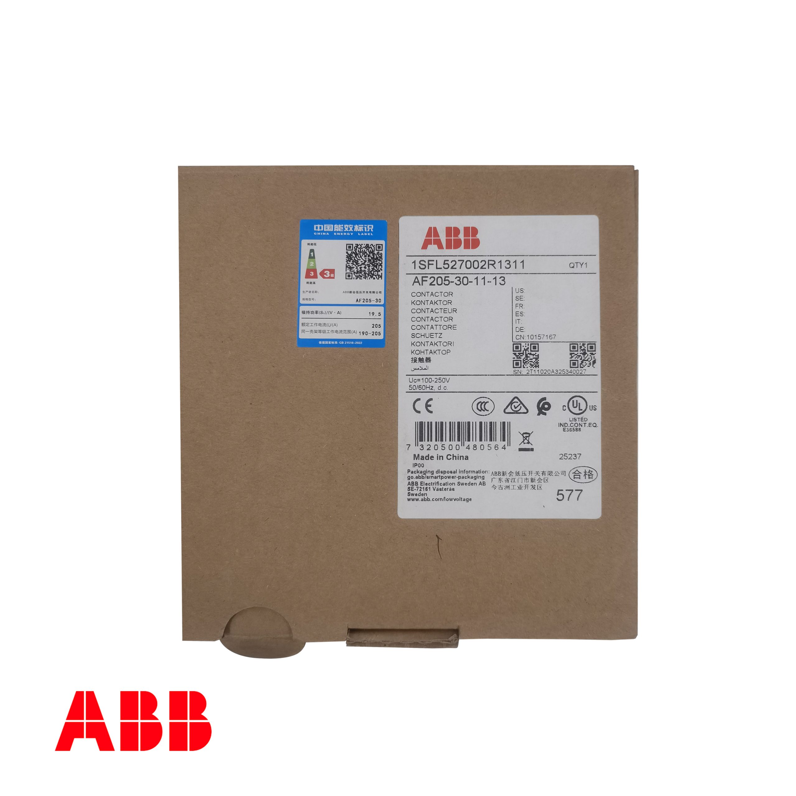 ABB AF205‑30‑11‑13 AF Series Contactor – 192A (AC‑3), 3‑Pole, 110kW @ 400V, 100‑250V AC/DC Wide‑Range Coil - Image 2