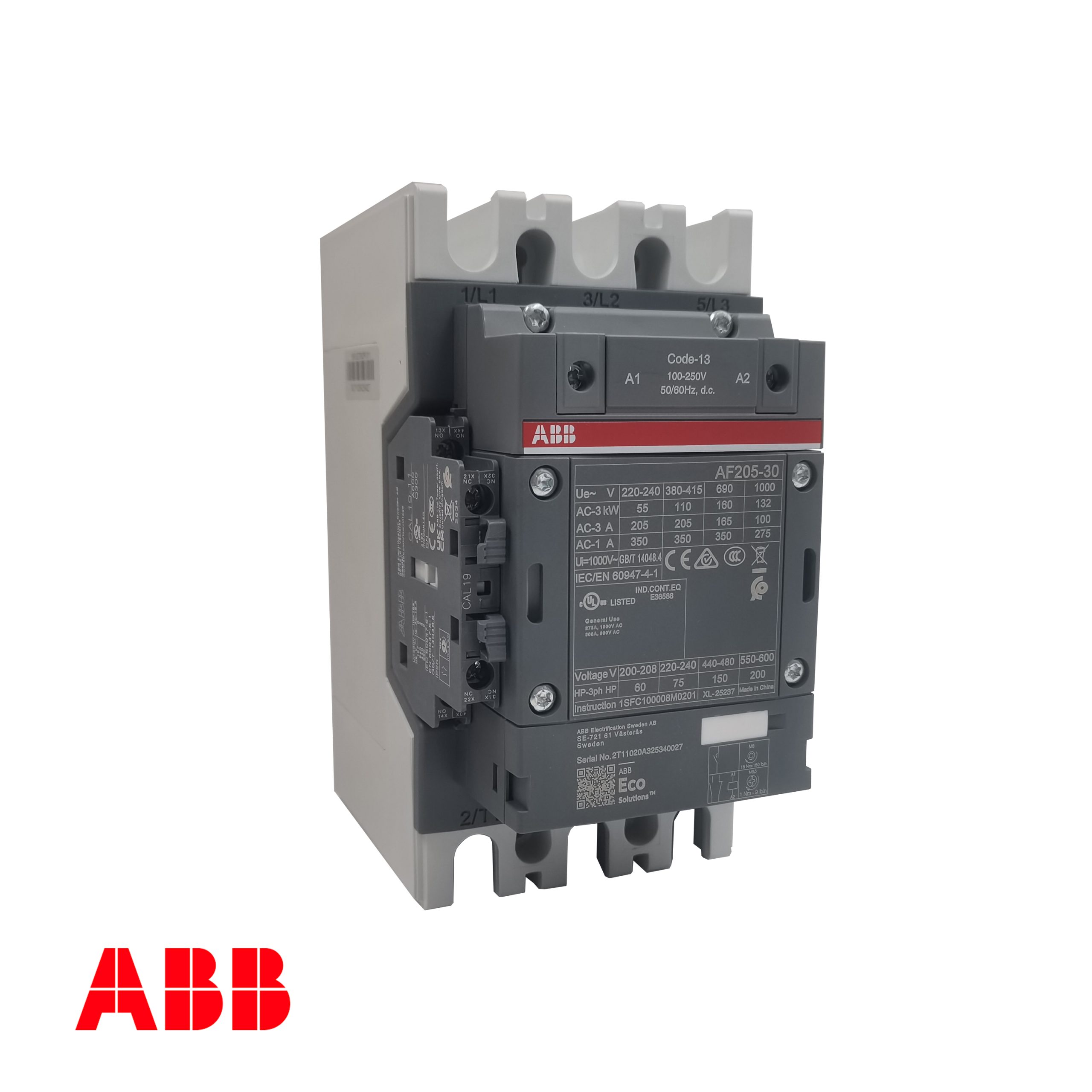 ABB AF205‑30‑11‑13 AF Series Contactor – 192A (AC‑3), 3‑Pole, 110kW @ 400V, 100‑250V AC/DC Wide‑Range Coil - Image 3