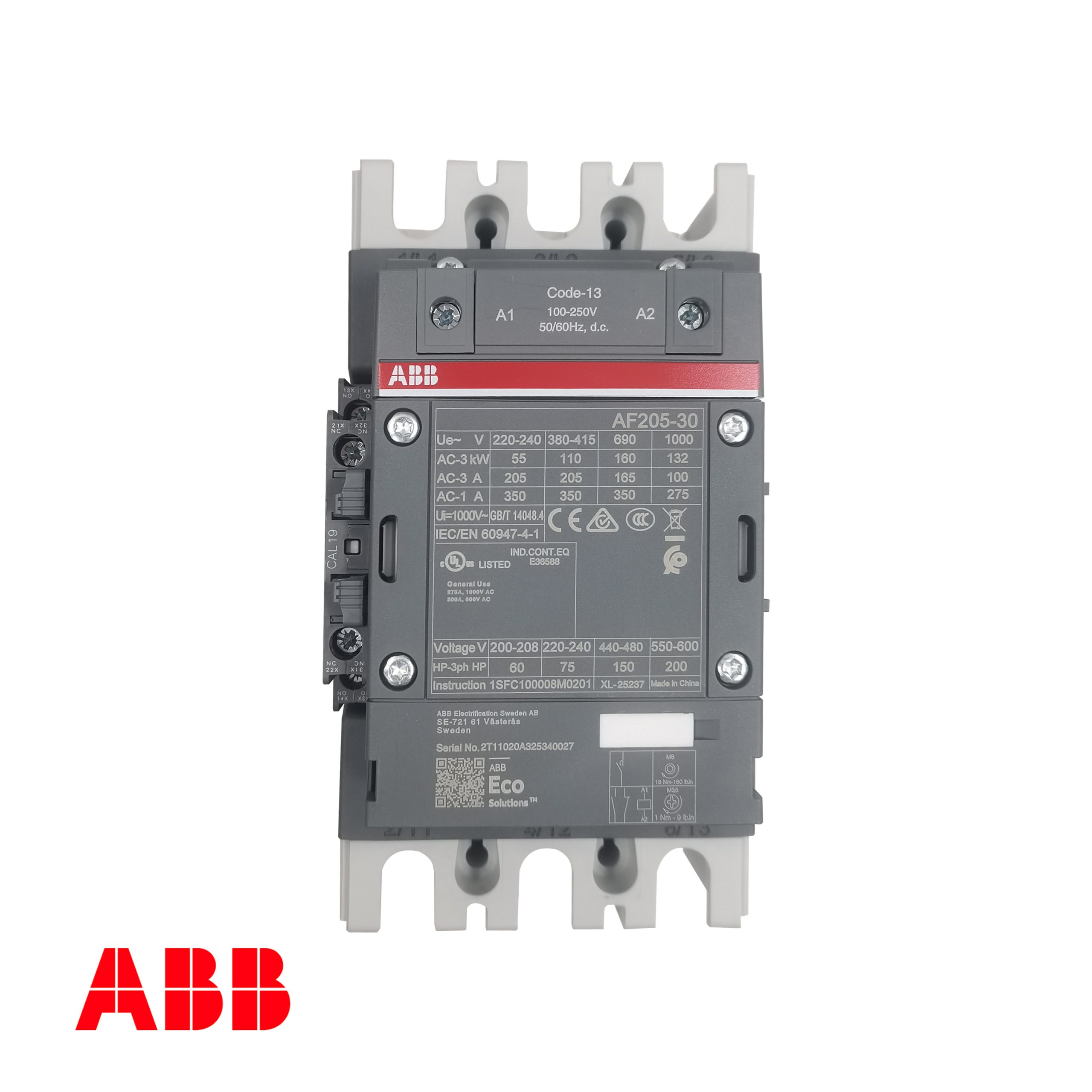 ABB AF205‑30‑11‑13 AF Series Contactor – 192A (AC‑3), 3‑Pole, 110kW @ 400V, 100‑250V AC/DC Wide‑Range Coil