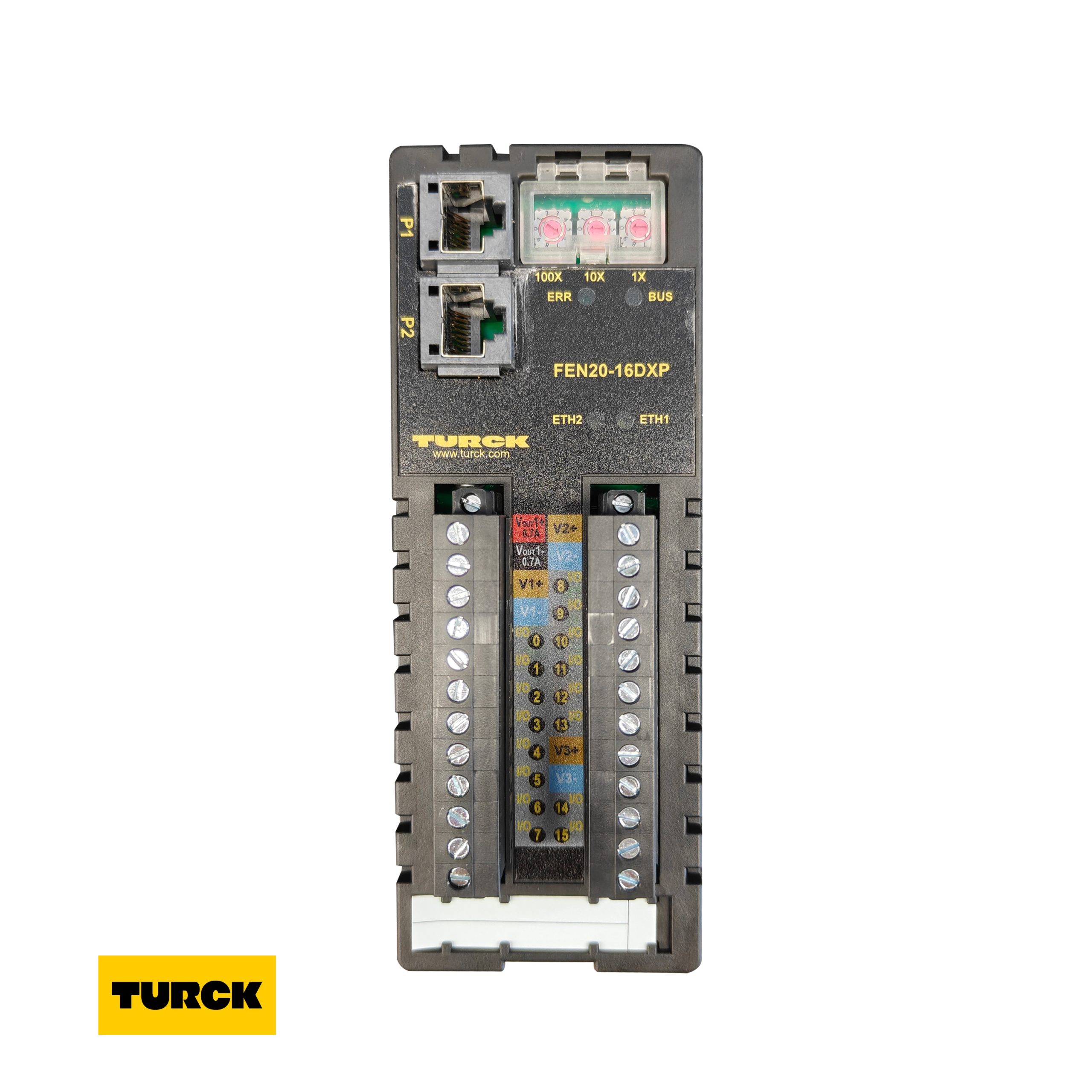 TURCK FEN20-16DXP Compact IP20 Multiprotocol Ethernet I/O Module – 16 Universal Digital Channels, PNP, 24 VDC