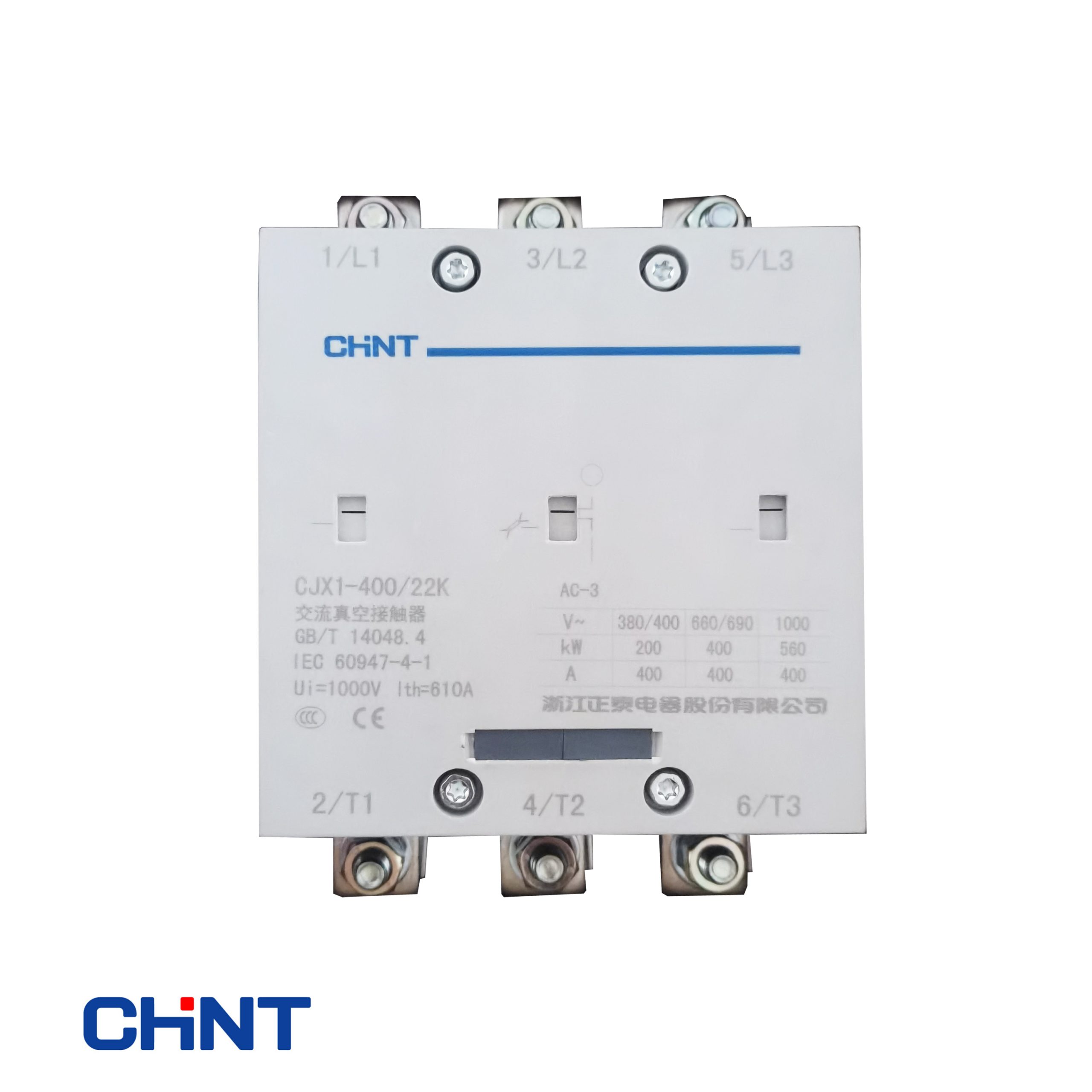 کنتاکتور خلاء AC CHINT CJX1‑400/22K – 400 آمپر، 3 پل، 200 کیلووات در 400 ولت (AC‑3)، کویل 220 ولت AC/DC