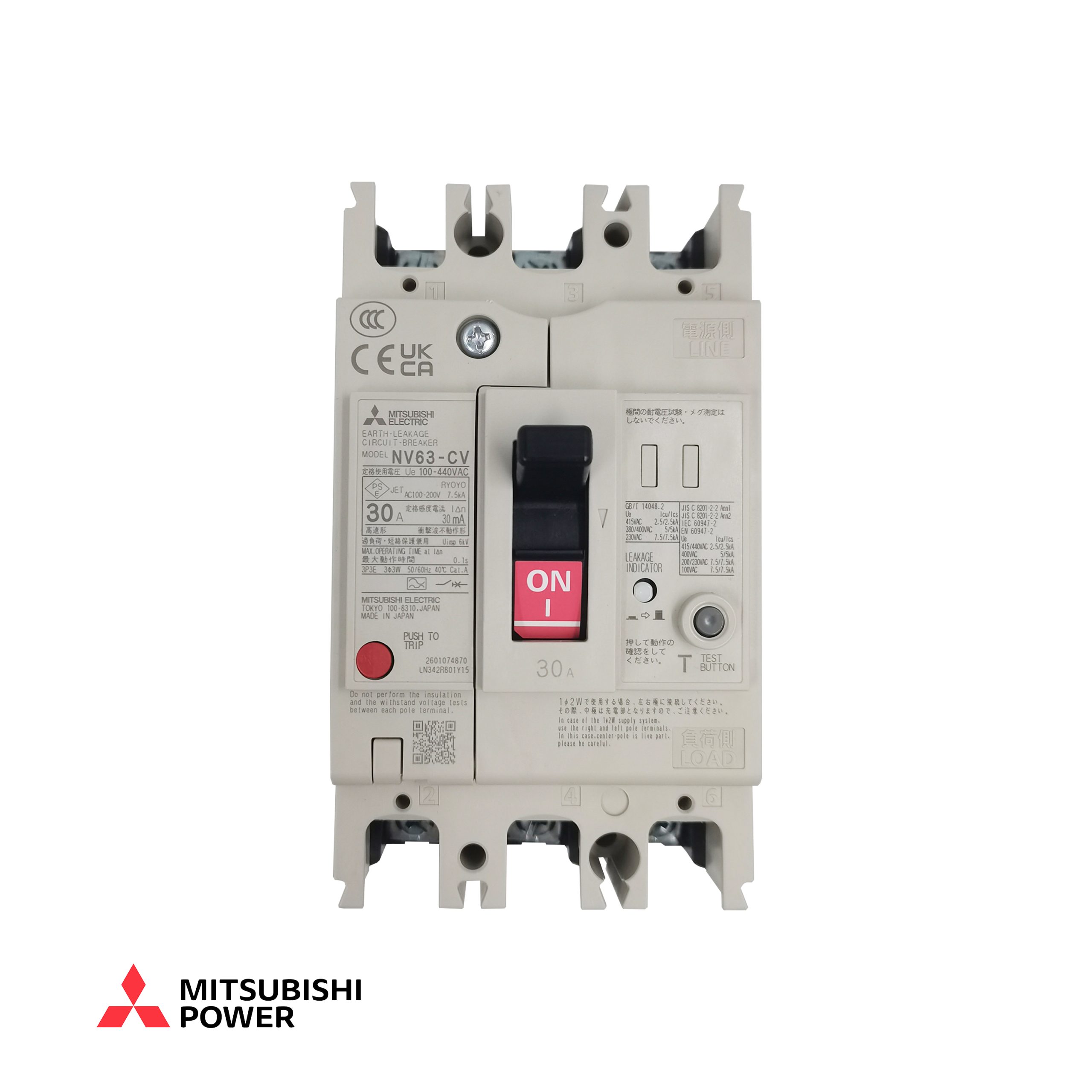 Mitsubishi Electric NV63-CV 3P 30A Автоматический выключатель утечки на землю – 30 А, 3‑полюсный, чувствительность 30 мА, 5 кА при 400 В