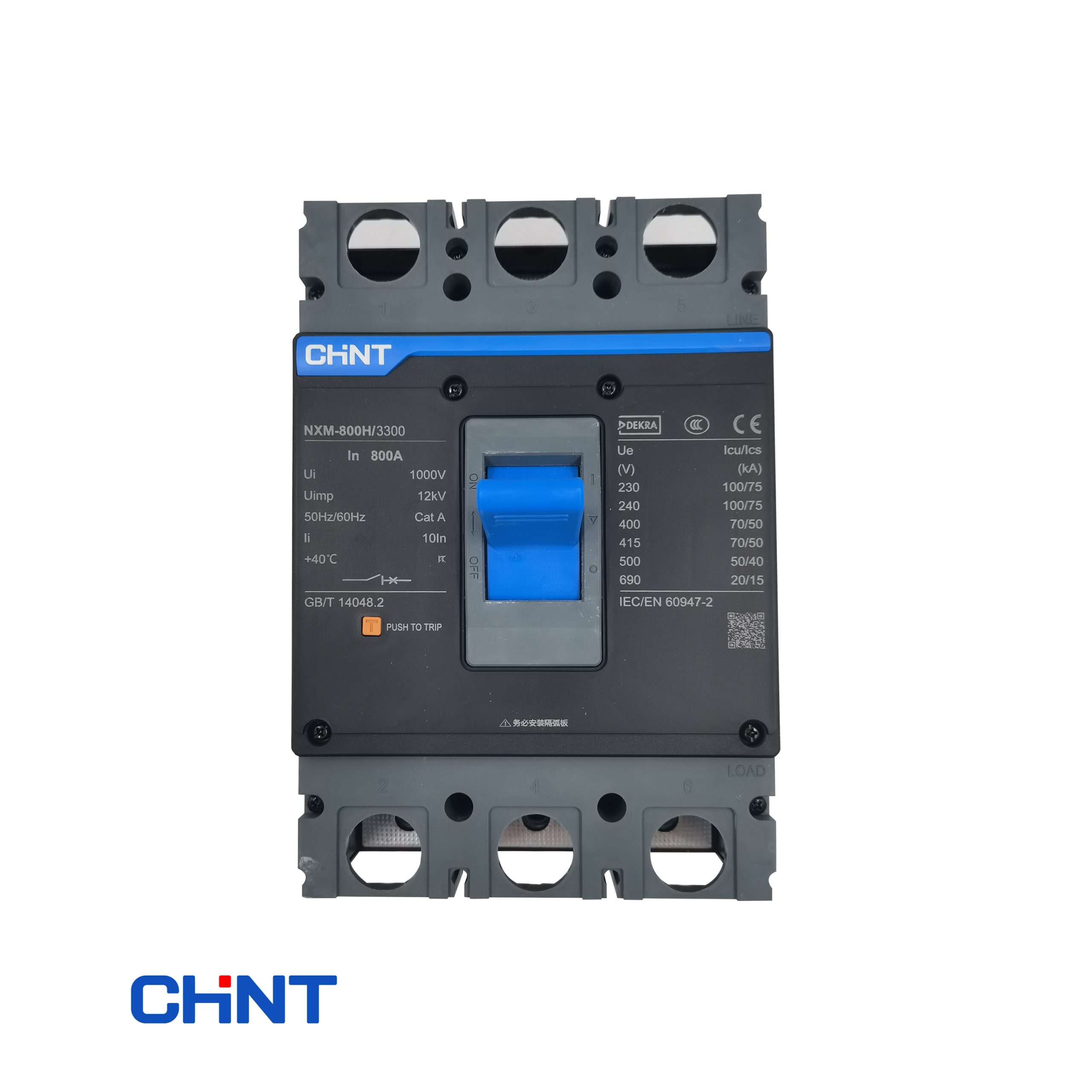 CHINT NXM‑800H/3300 Disjoncteur boîtier moulé 800A – 800A, 3 pôles, 70kA @ 400V, Déclencheur magnétothermique