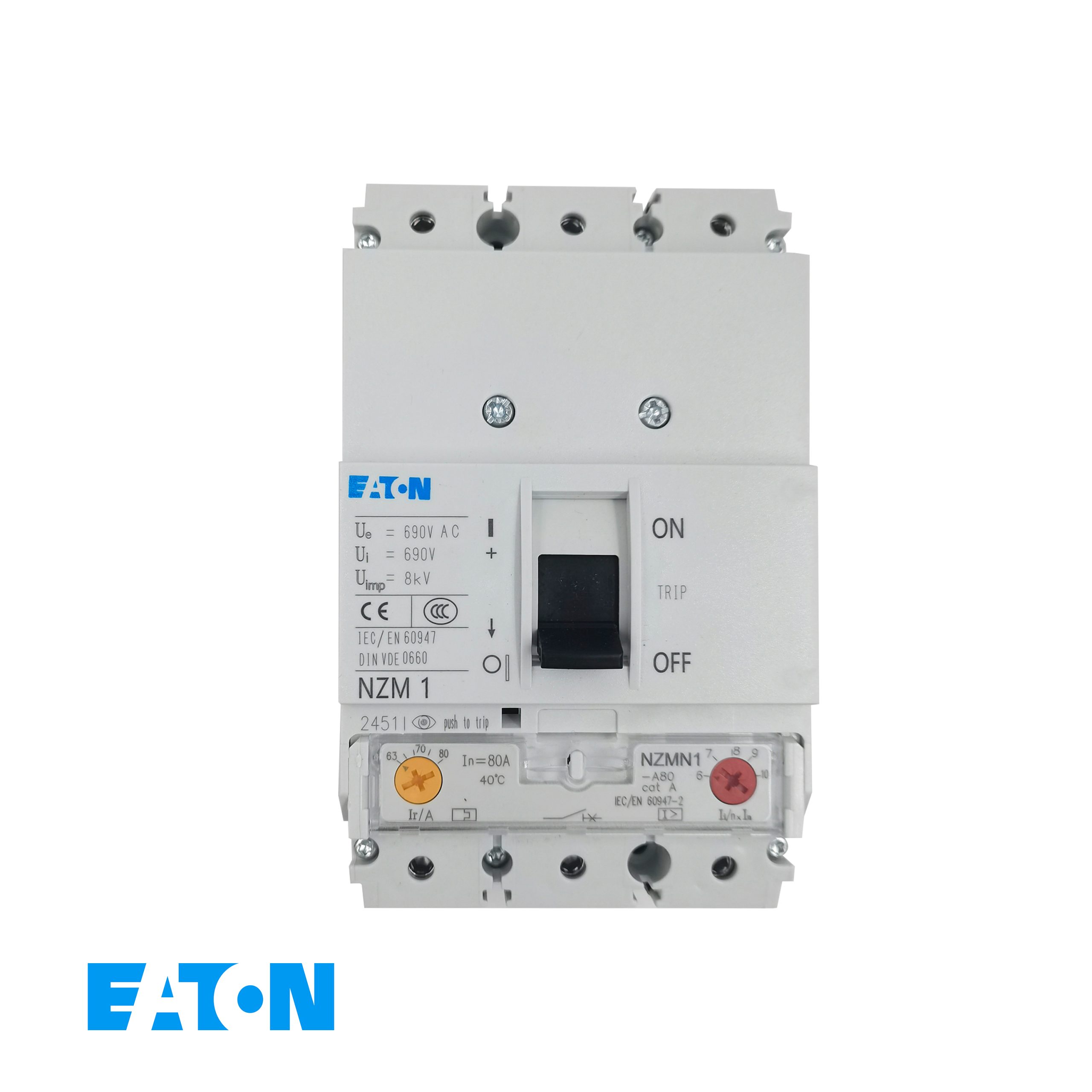 Eaton NZMN1‑A80 Moeller Série NZM Disjuntor Caixa Moldada – 80A, 3‑Polos, 50kA @ 400V, Térmico‑Magnético