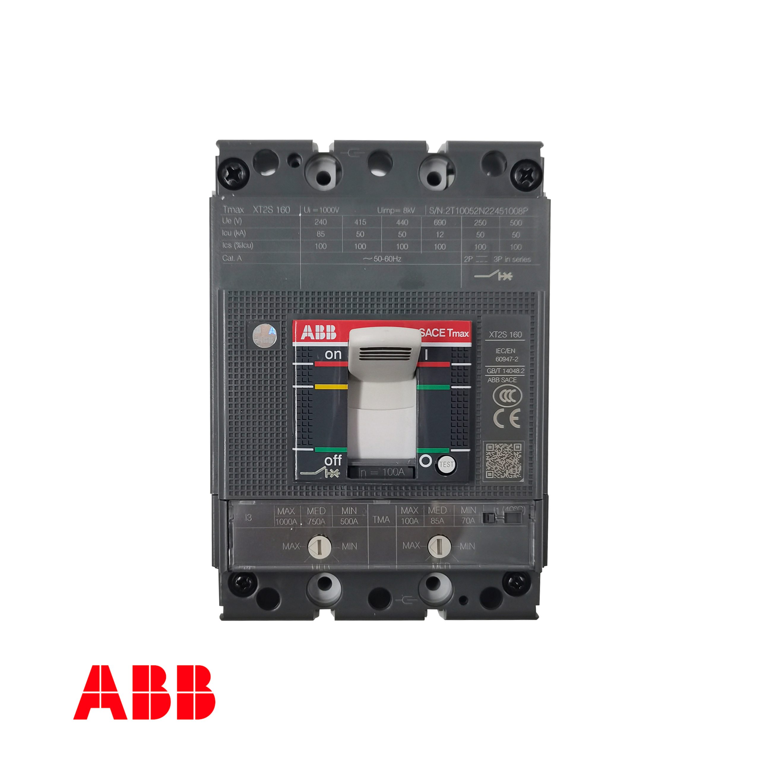 ABB XT2S 160 TMA 100‑1000 FF 3P SACE Tmax XT 몰드 케이스 회로 차단기 – 100A, 3극, 415V에서 50kA, 열자기 트립