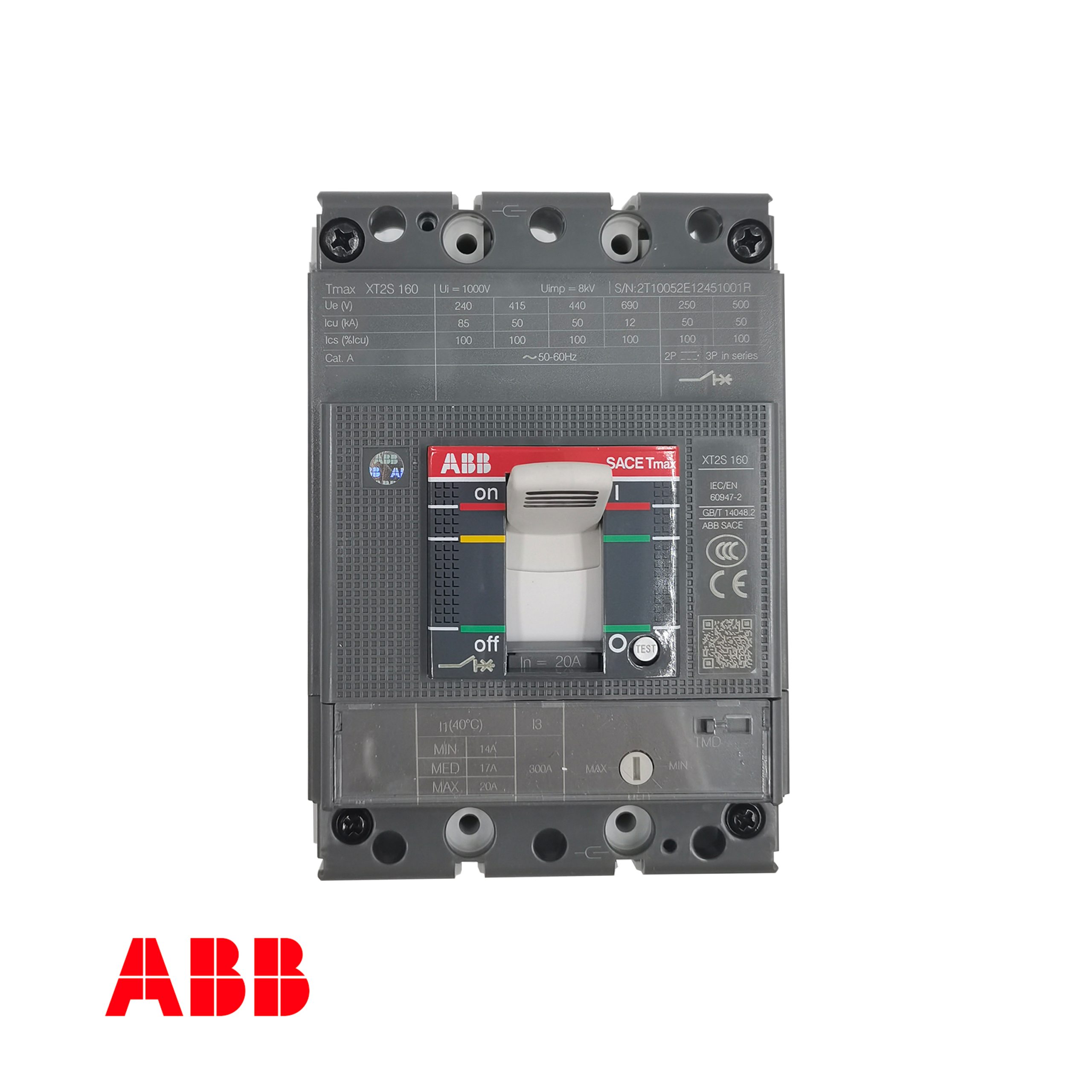 ABB XT2S 160 TMD20-300 FF 3P SACE Tmax XT 몰드 케이스 회로 차단기 – 20A, 3극, 415V에서 50kA, 열자기 트립