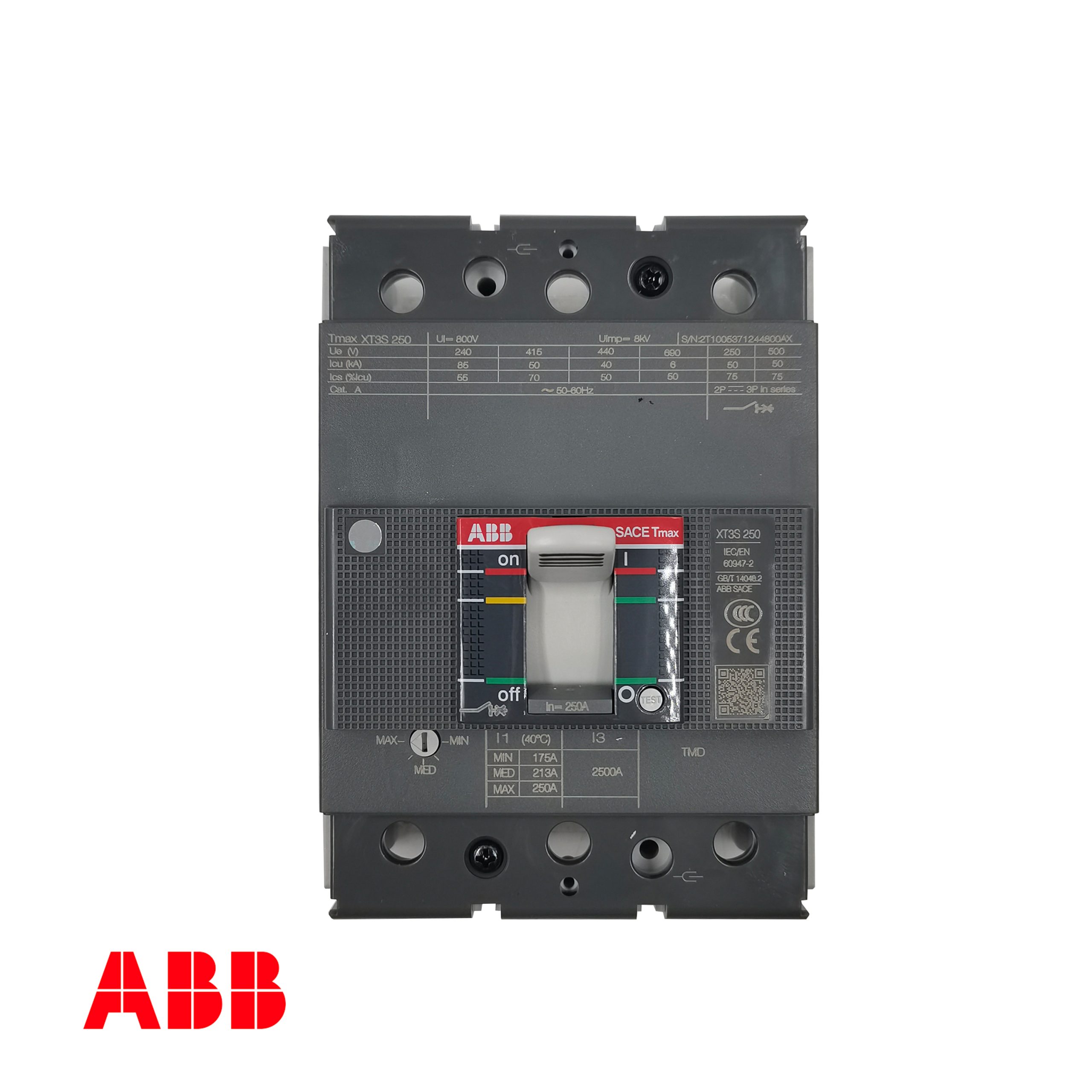 ABB XT3S 250 TMD 250-2500 FF 3P SACE Tmax XT 몰드 케이스 회로 차단기 – 250A, 3극, 415V에서 50kA, 열자기 트립