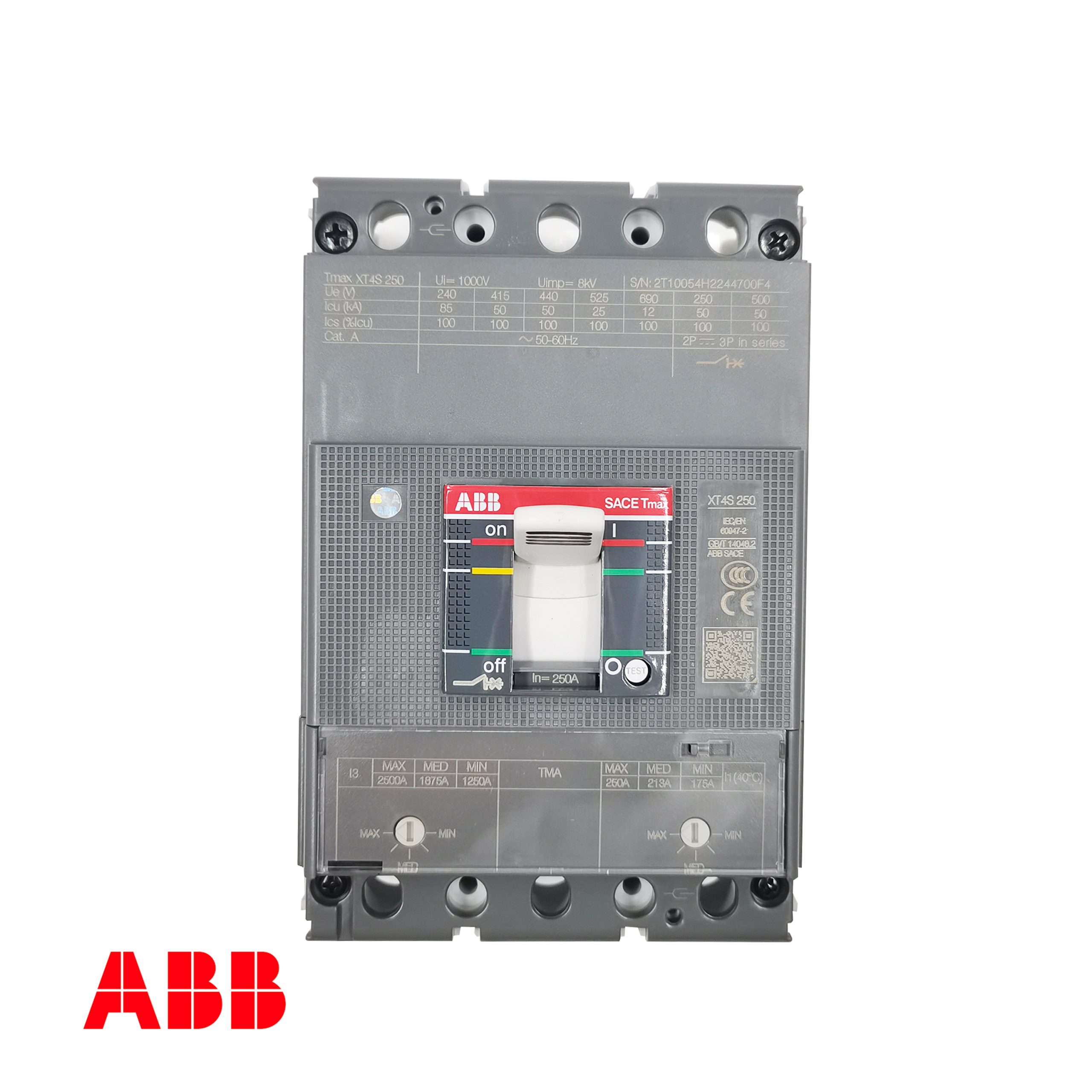 ABB XT4S 250 TMA 250-2500 FF 3P SACE Tmax XT 몰드 케이스 회로 차단기 – 250A, 3극, 415V에서 50kA, 열자기 트립