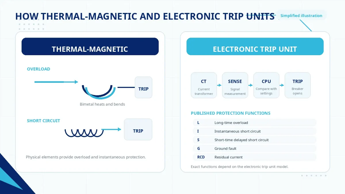 Simplified comparison of thermal-magnetic and electronic trip unit operation